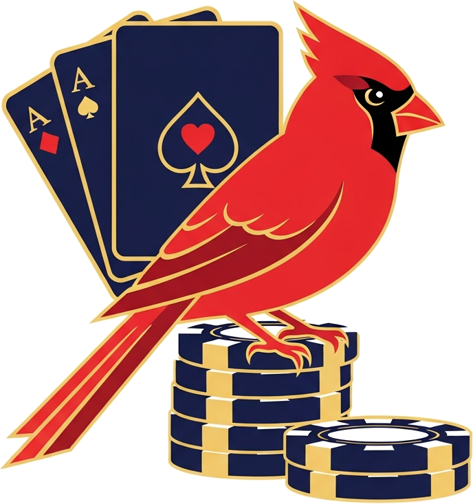 North Carolina online casinos cardinal mascot with playing cards and poker chips